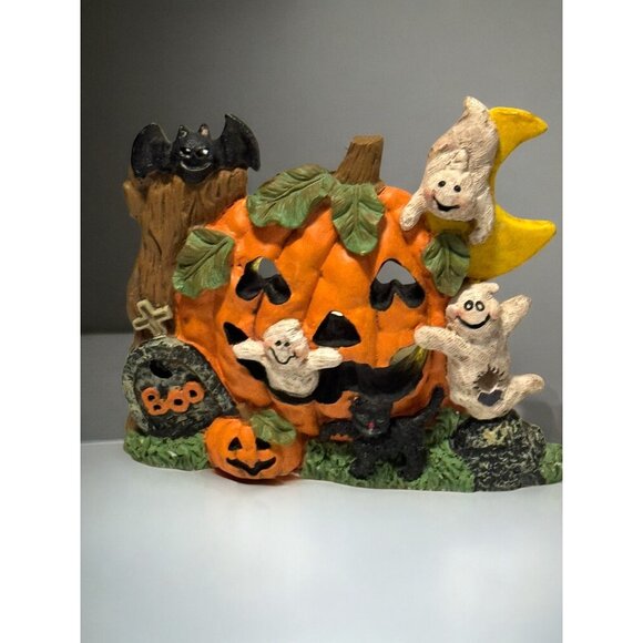 Halloween Ceramic Tealight Candle Holder With Pumpkin Ghosts Bat & Moon Design - Picture 1 of 11
